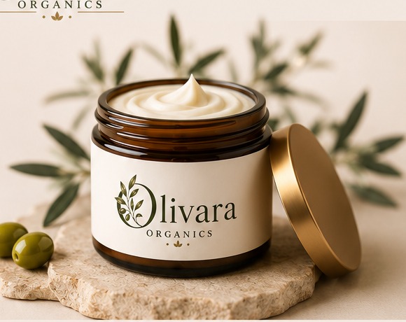 Olivara Organics glass body butter jar with olive botanicals